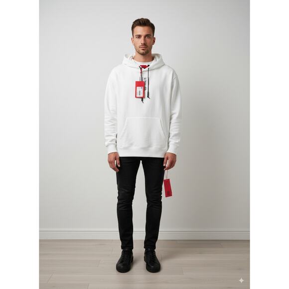 NWT HUGO BOSS White Graphic Hoodie Back Rose Print Organic Cotton Pullover M - Picture 1 of 4